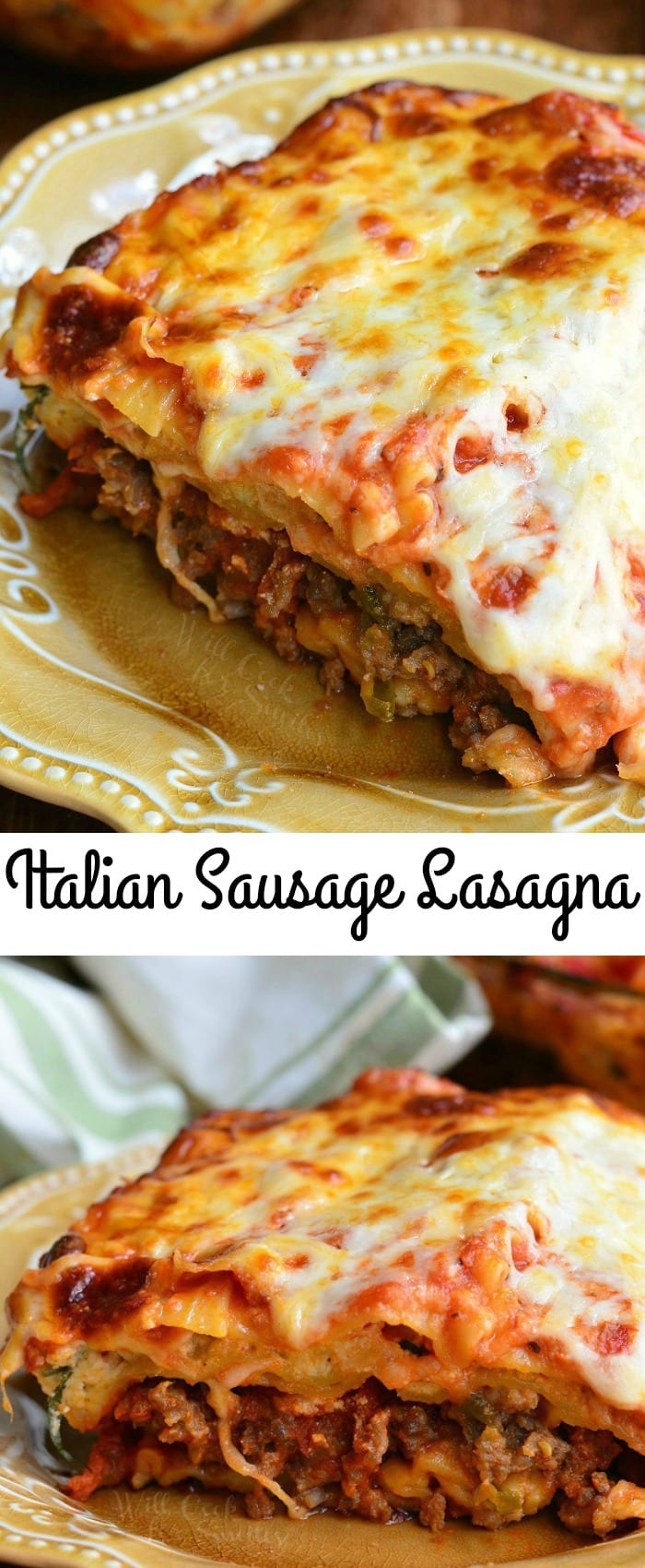 a slice of Italian Sausage Lasagna on a plate photo collage