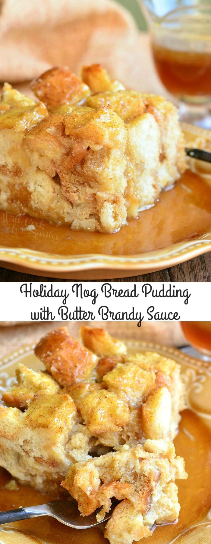 Eggnog Bread Pudding with Butter Brandy Sauce on a plate photo collage