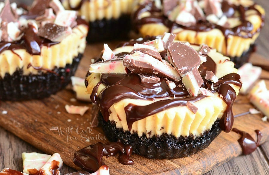 vertical photo of Peppermint Mocha Mini Cheesecakes with peppermint candy on top on a cutting board