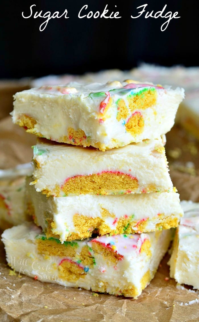 4 sugar cookie fudge squares stacked on brown wax paper