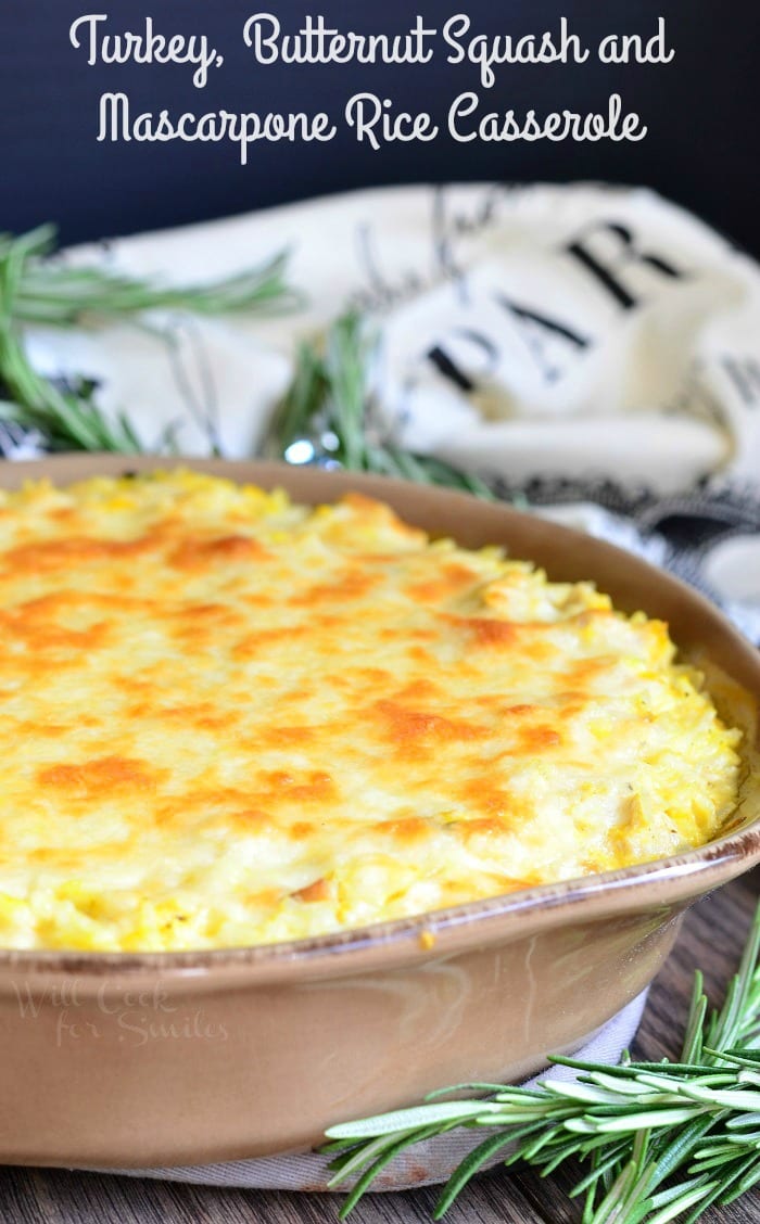 Turkey, Butternut Squash, and Mascarpone Rice Casserole in a brown casserole dish
