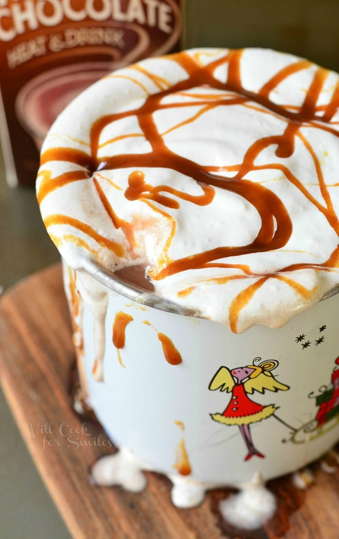 Caramel Marshmallow Hot Chocolate on a white mug with marshmallow and caramel on top