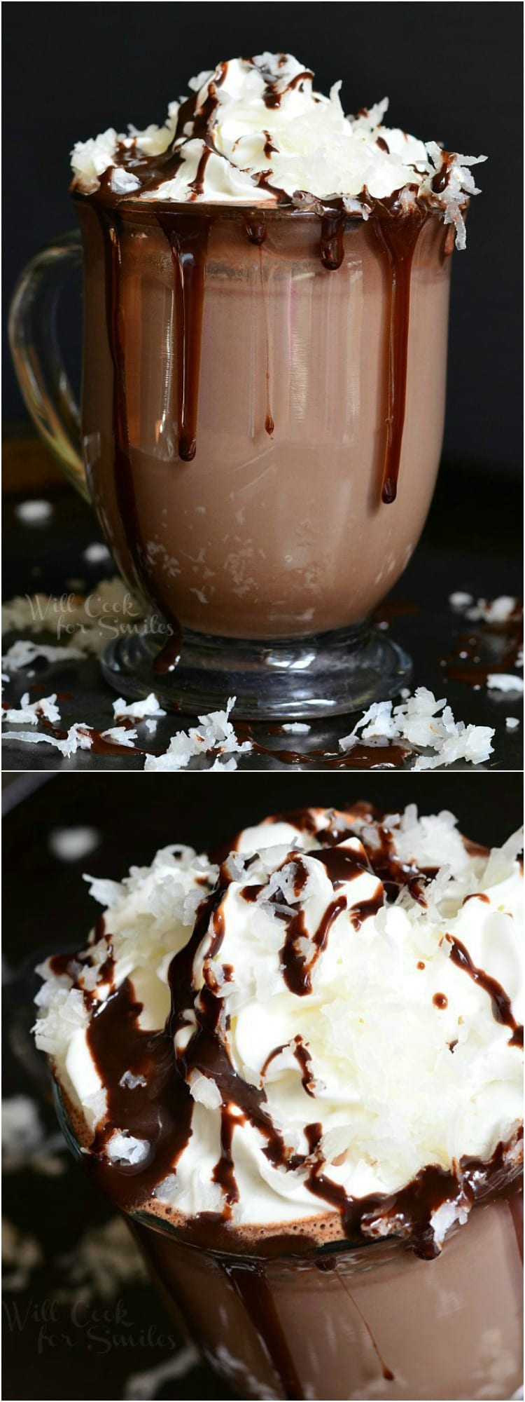 Hot Chocolate in a clear glass with whipped cream, chocolate sauce, and shredded coconut on top