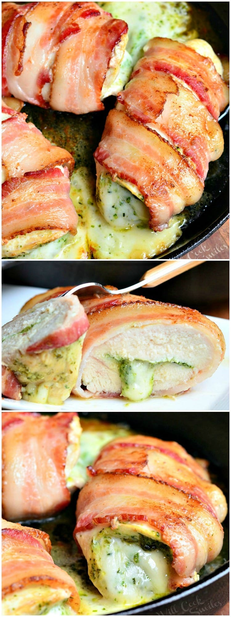 bacon wrapped chicken breast with cheese in a cast iron pan