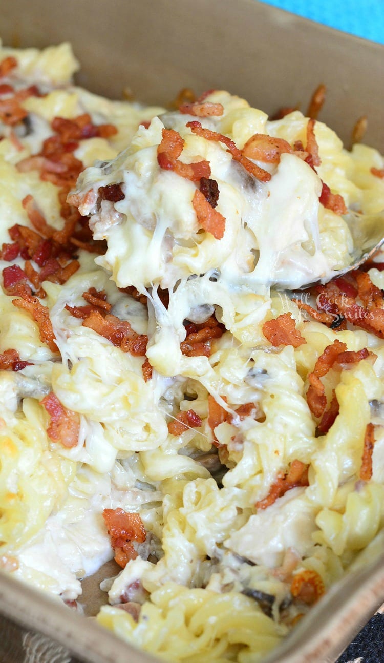 scooped out bacon and chicken alfredo pasta casserole.