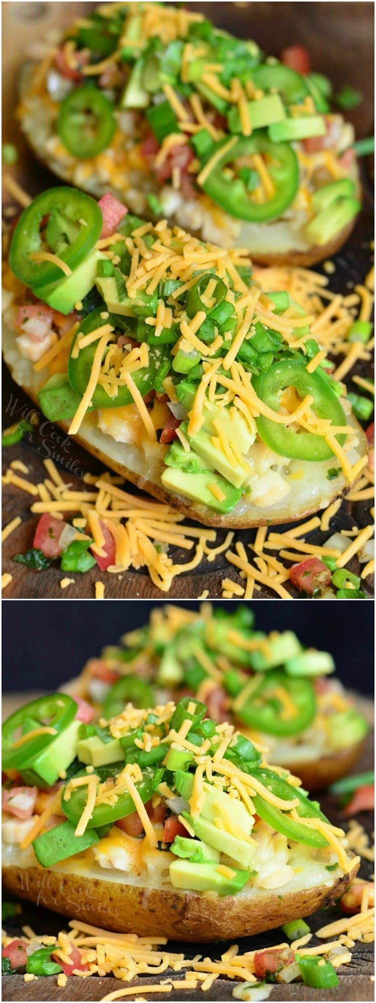 Twice Baked Potatoes with cheese, green onions, jalapenos, and avocado
