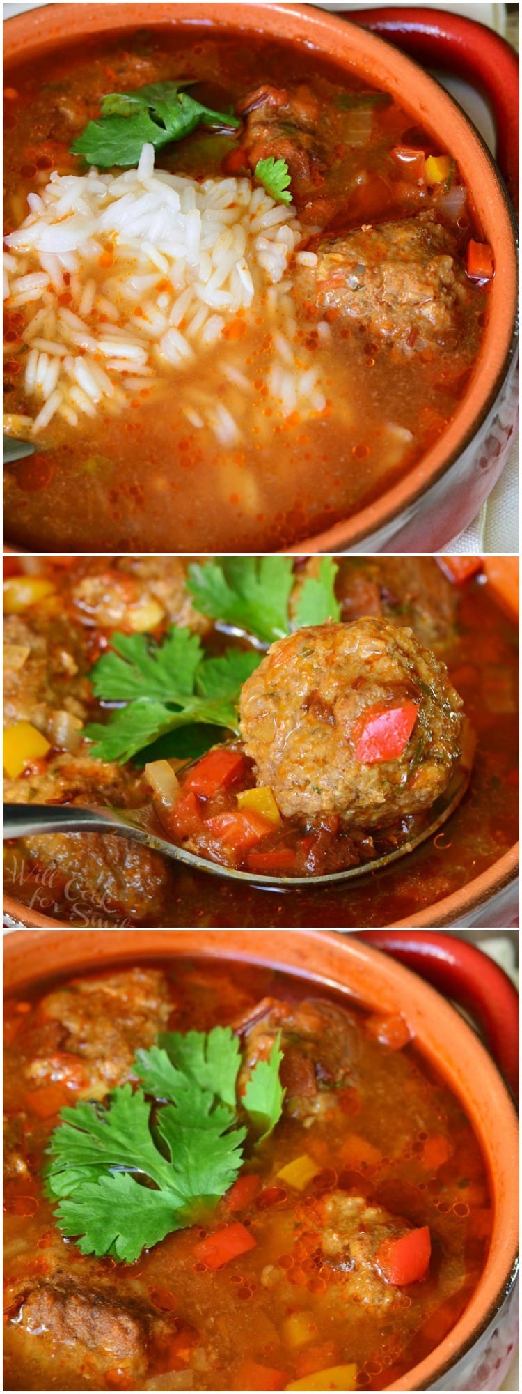 Collage of Mexican Meatballs Soup in a bowl with rice, 2nd meatball on a spoon, last photo of soup in a bowl