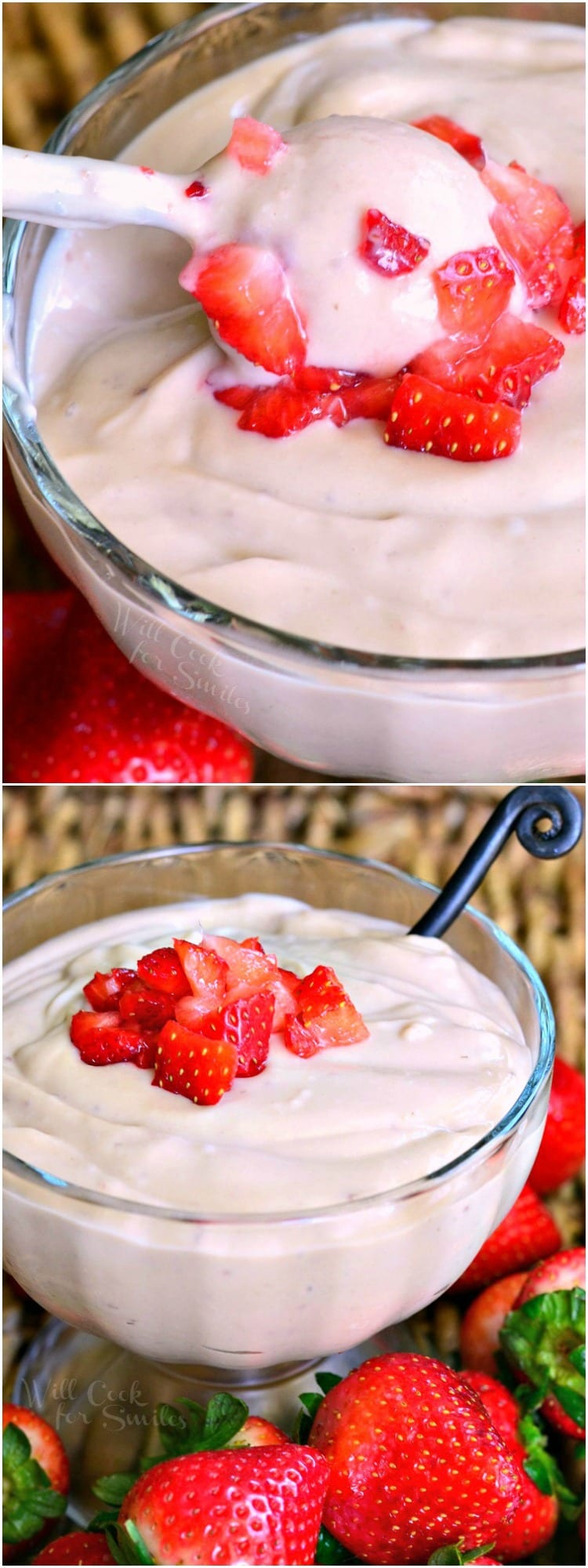 Strawberry Pudding in a bowl with cut strawberries collage