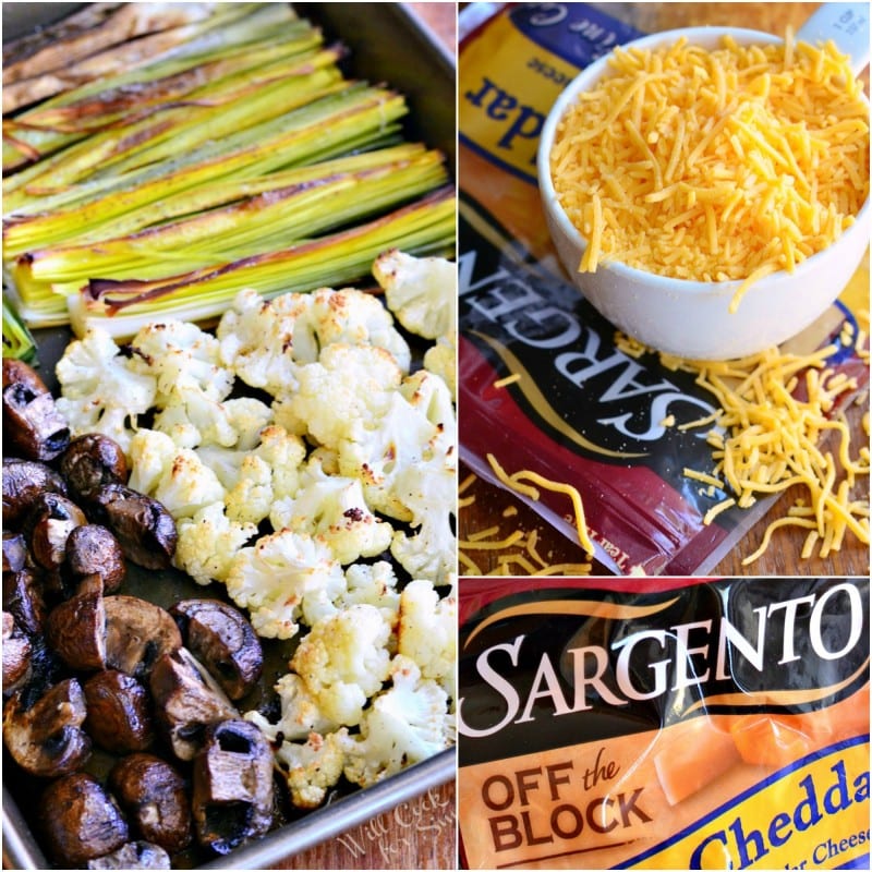 collage top photo Roasted Cauliflower Leek and Mushrooms on baking sheet 2nd photo of cheese in a white bowl