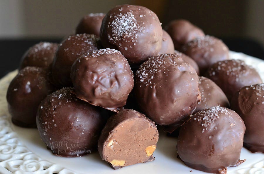 Salted Almond Fudge Truffles stacked on a platter