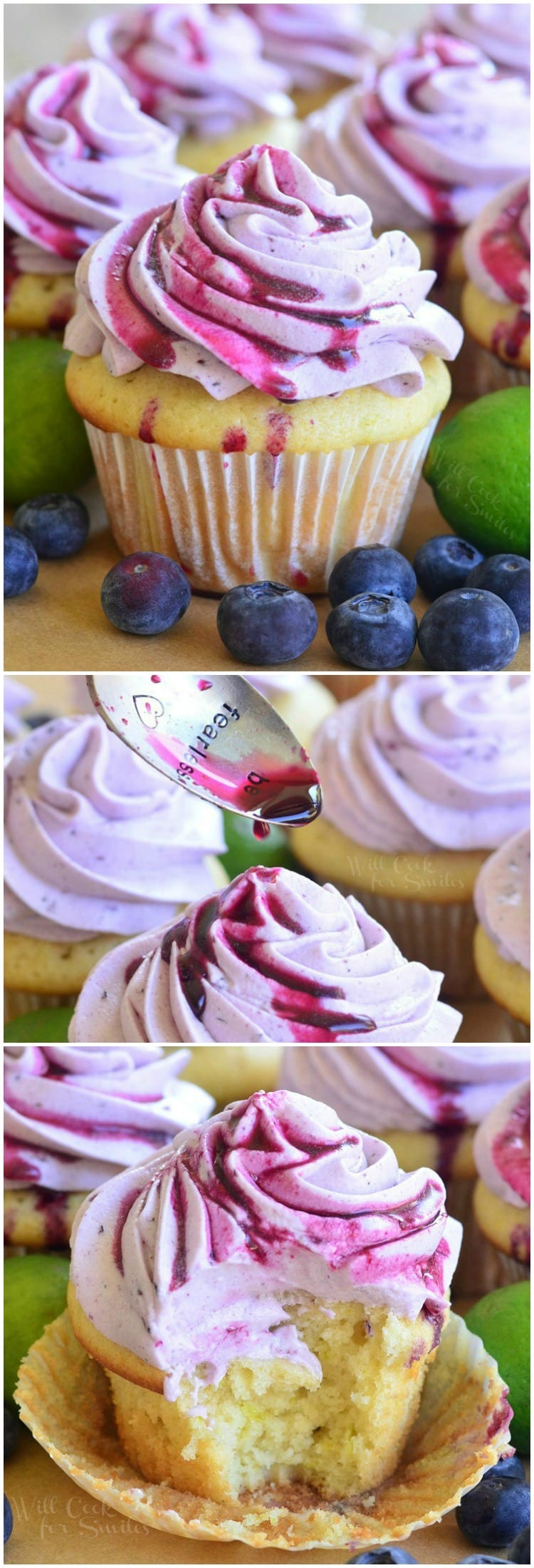 Cupcakes with Fresh Blueberry Cream Cheese Frosting on a cutting board with blueberries and limes collage