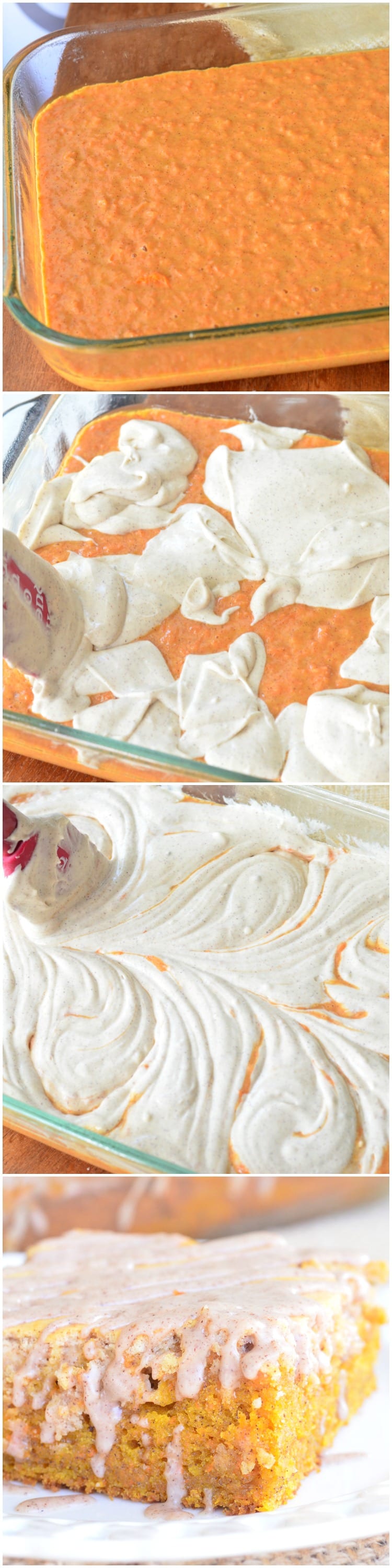 collage top phot Spiced Cheesecake Swirled Carrot Cake uncooked in cake pan 2 and 3rd swirling in cheesecake mixture photo 4 cooked cake on a white plate