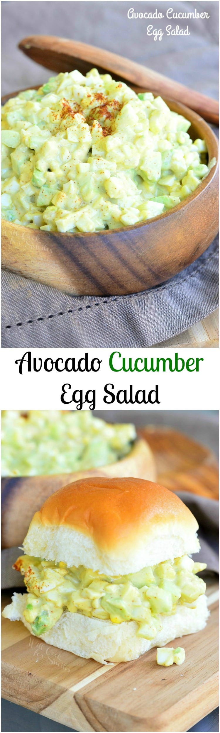 collage photo Avocado Cucumber Egg Salad in a wood bowl with a wooden spoon bottom photo egg salad on bun