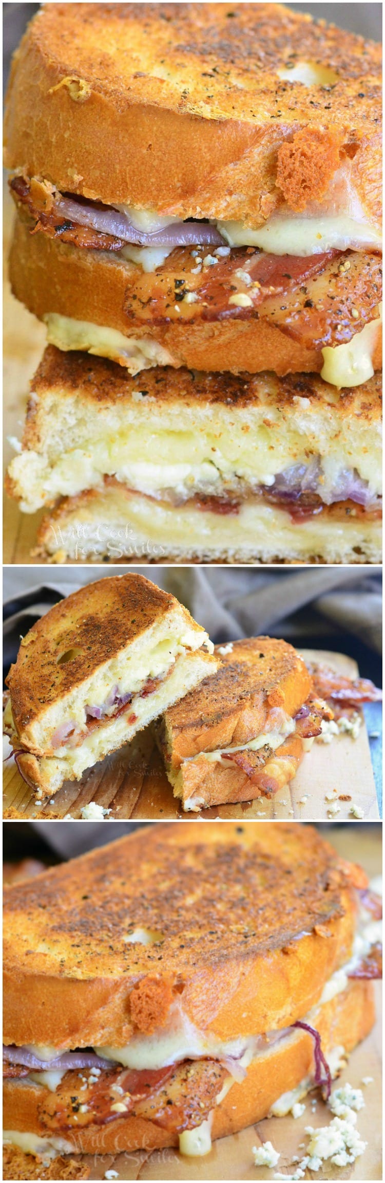Peppered Bacon and Blue Grilled Cheese on a cutting board collage