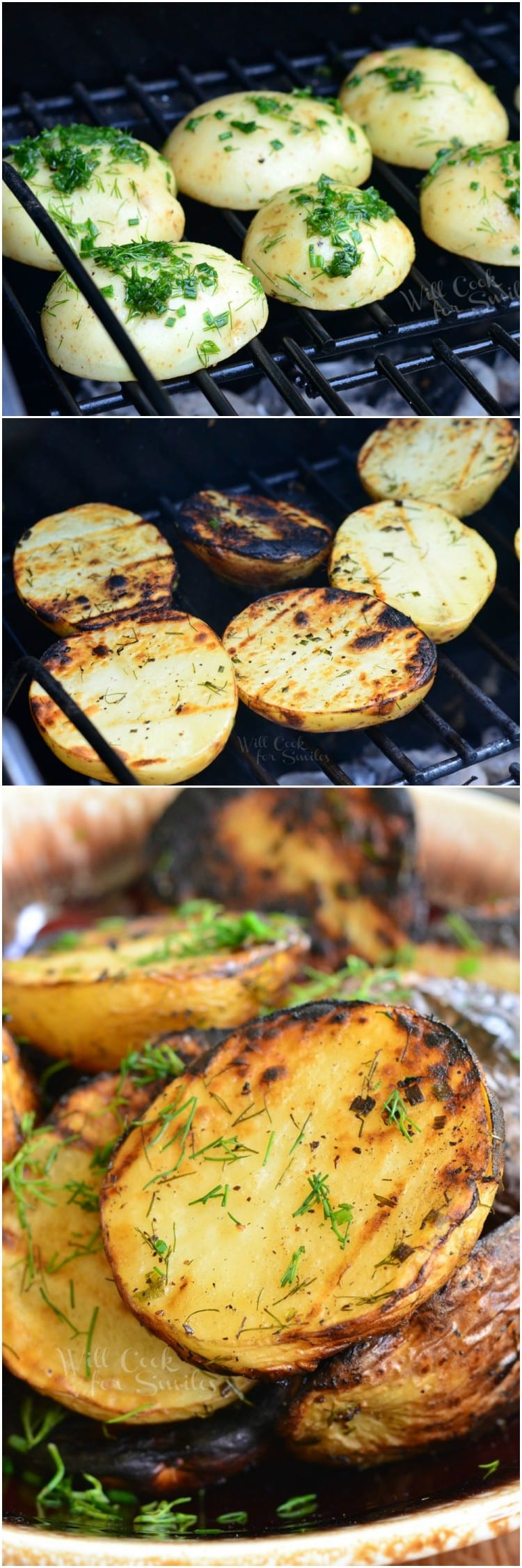 steps to make potatoes collage 1st phot potatoes cut in half cut side down on grill, 2nd photo potatoes cut side up on grill, 3rd photo potatoes in a bowl