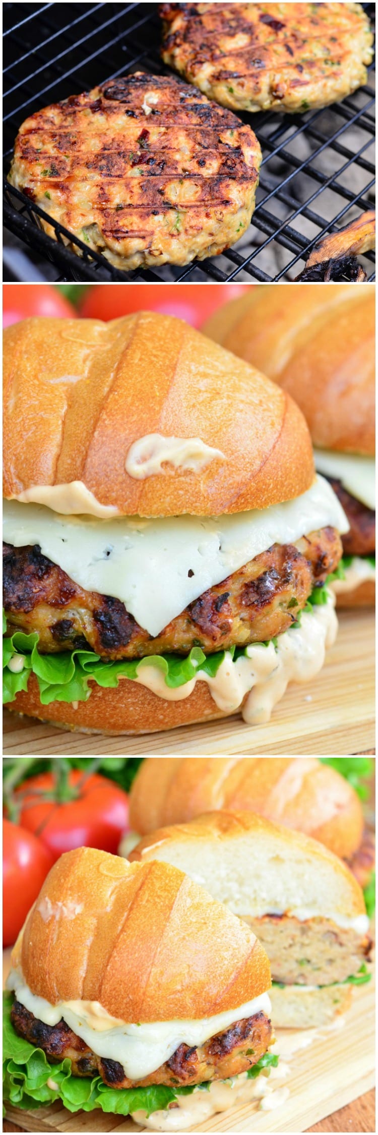 Collage 1st photo grilling chicken burger, 2nd photo burger on a bun, last photo burger cut in half