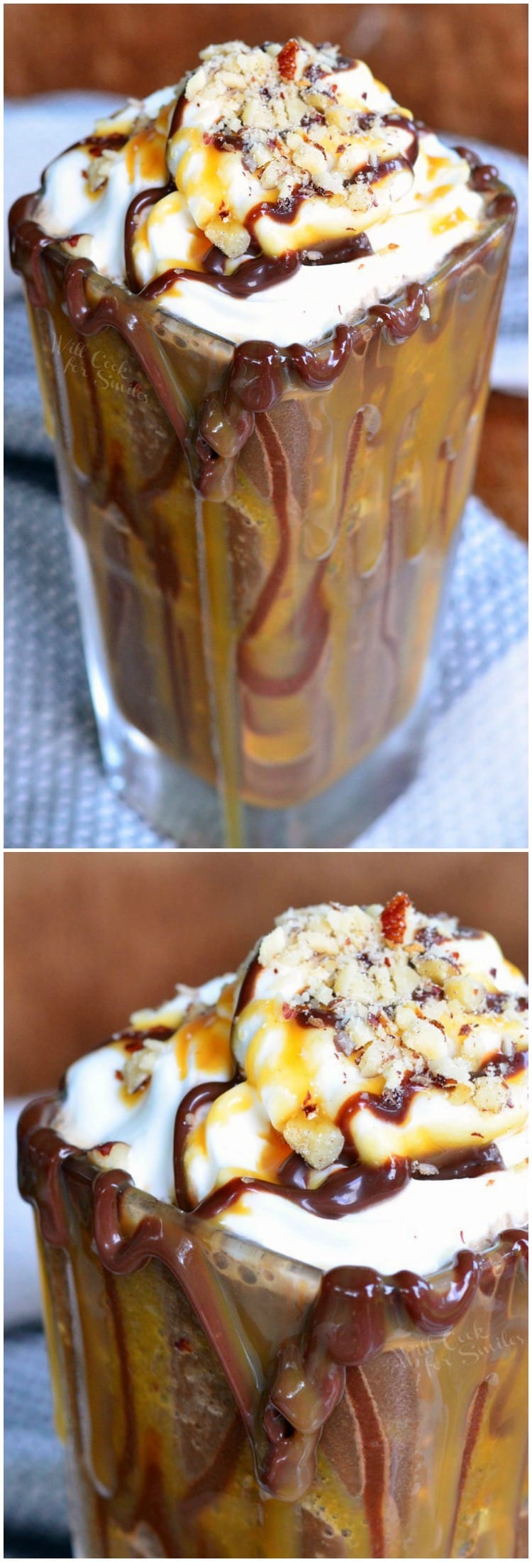 Frozen Turtle Mocha in a glass with whipped cream, chocolate, and caramel syrup on it