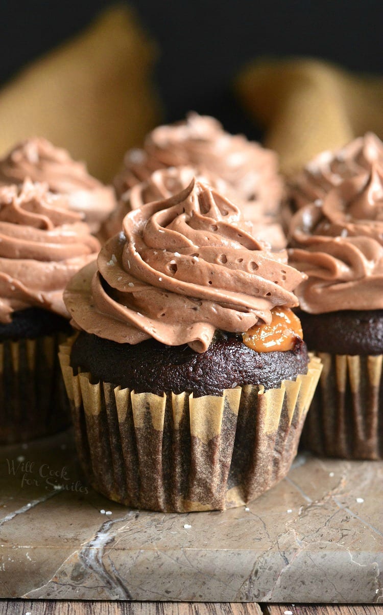 Chocolate Cupcakes with Salted Dulce de Leche Filling and Salted Chocolate frosting