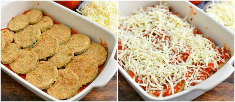 collage of two images of layered baked eggplant slices in a casserole dish on the left and one layer of eggplant topped of marinara sauce and shredded Mozzarella cheese