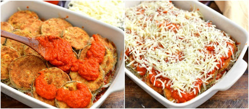 collage of two images of spreading marinara sauce over baked eggplant in a casserole dish on the left and layers of eggplant topped with marinara and Mozzarella cheese on the right