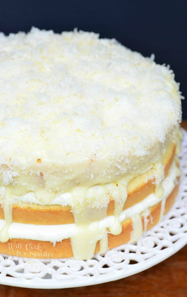 White Chocolate Coconut Cake on a cake stand