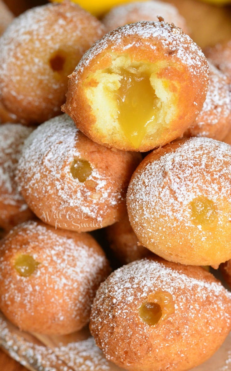 Lemon Curd Filled Doughnut Holes stacked up