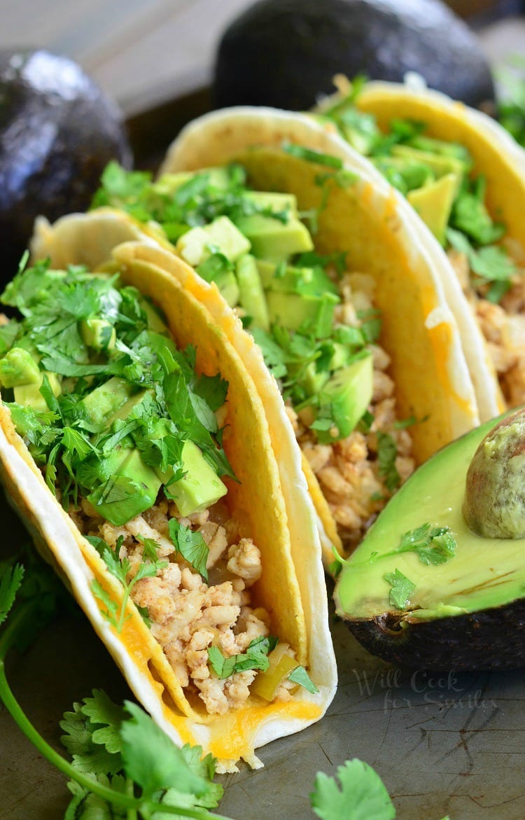 Avocado Turkey Tacos in a hard shell with ground turkey, avocado and cilantro