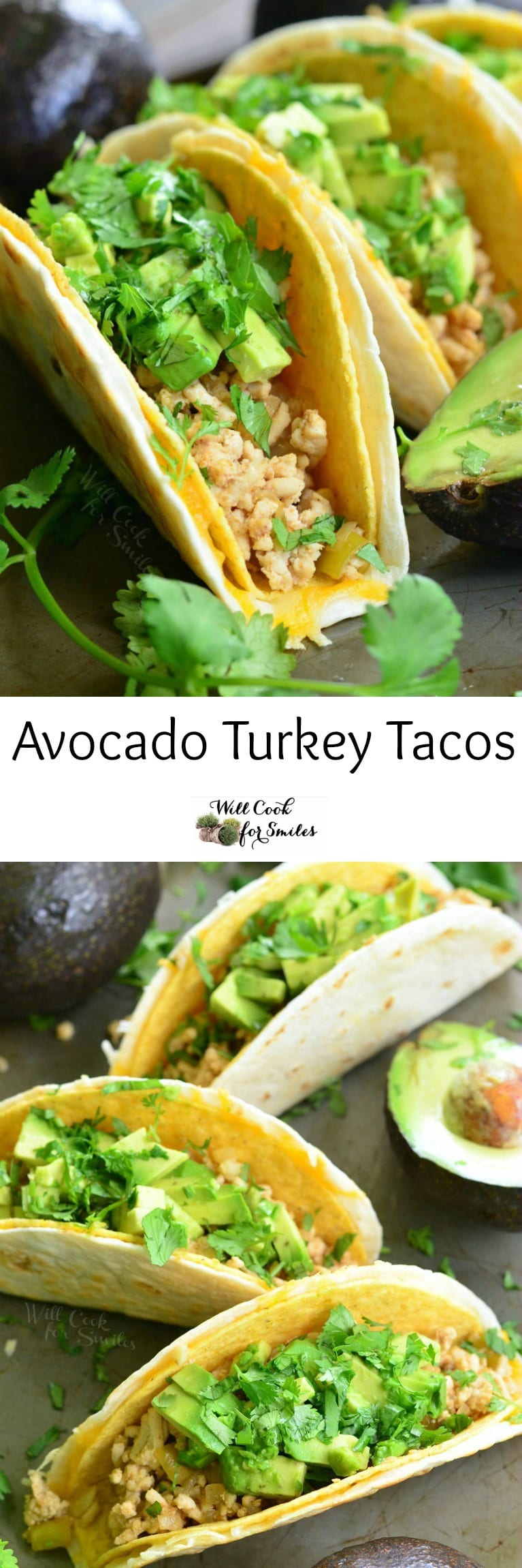 Avocado Turkey Tacos in a hard shell with ground turkey, avocado and cilantro