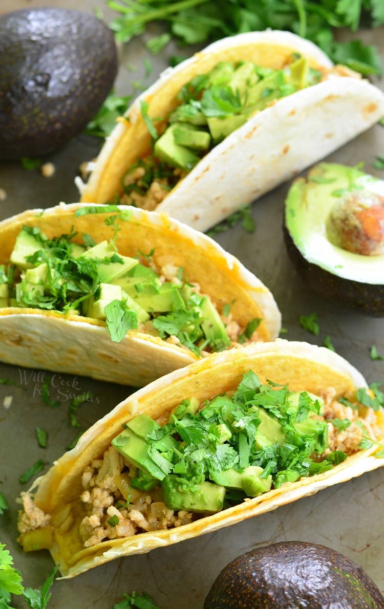 Avocado Turkey Tacos in a hard shell with ground turkey, avocado and cilantro