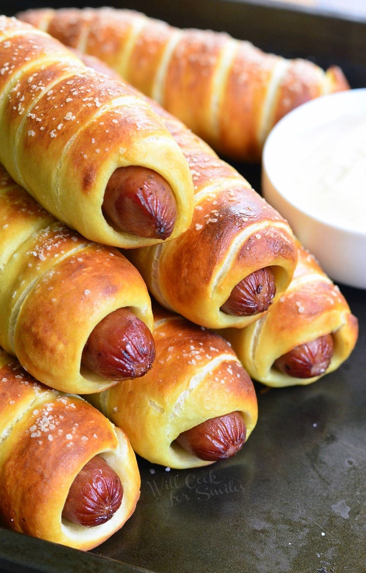 Pretzel Wrapped Hot Dogs in a baking sheet