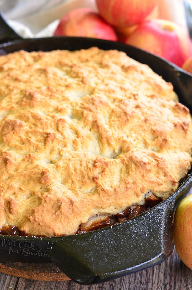 Maple Pecan Apple Cobbler Skillet in a cast iron pan
