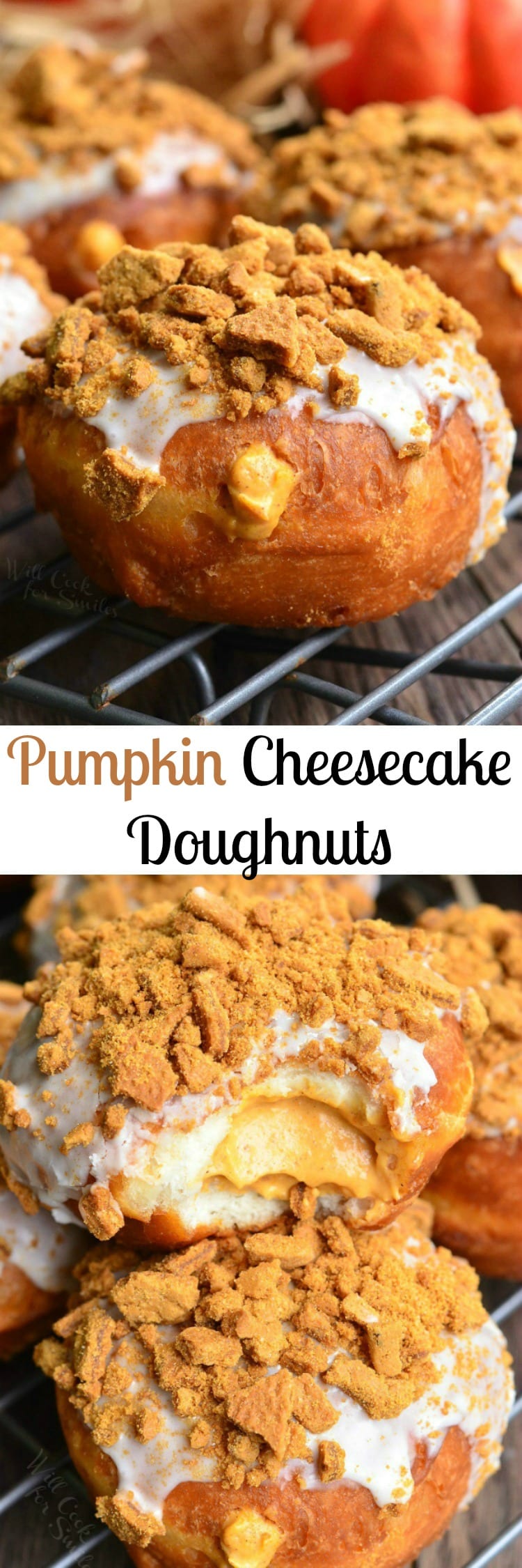 Pumpkin Cheesecake Doughnuts with Gingersnap Crumb on top collage