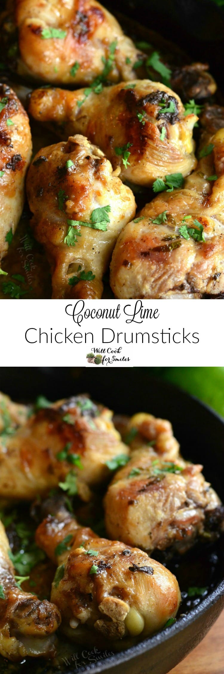 Collage top photo close up of Chicken Drumsticks stacked up bottom photo chicken drum sticks in a cast iron skillet