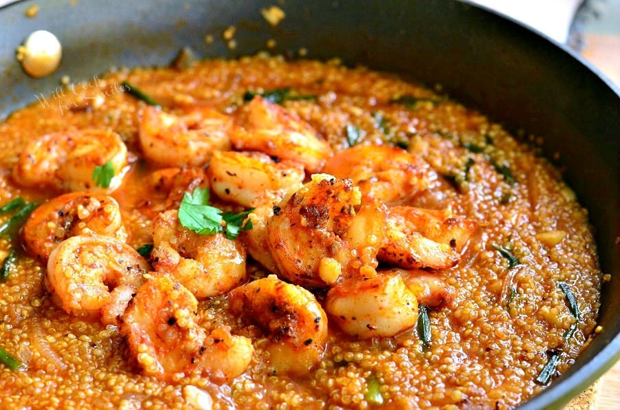 Cajun Shrimp and Quinoa in a cast iron skillet