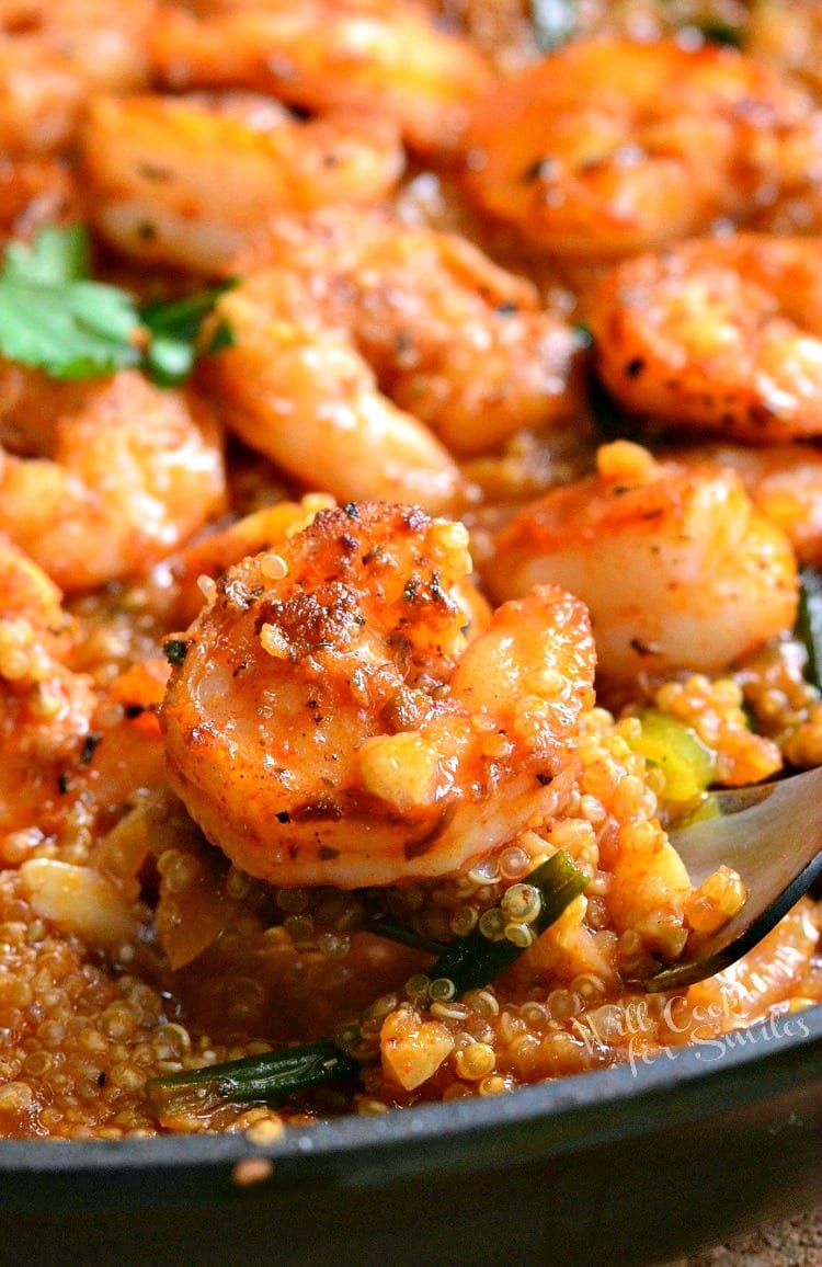 Shrimp and Quinoa in a cast iron skillet
