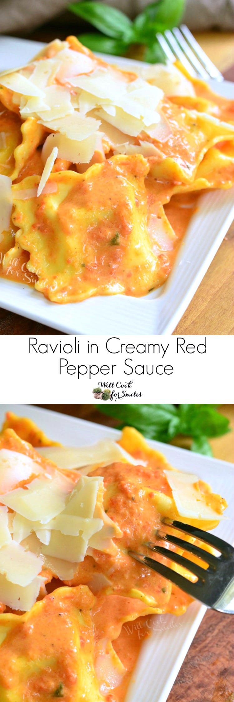 Ravioli in a creamy red bell pepper and basil sauce topped with shaved Parmesan cheese on a white plate collage