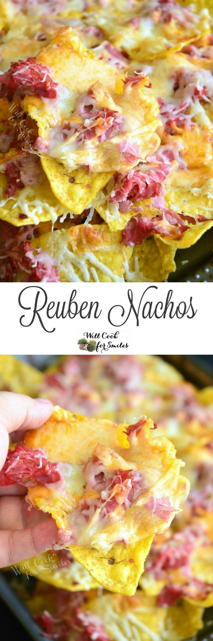 collage top photo Tortilla chips, corn beef, and cheese on a baking sheet bottom photo of lifting up a nacho