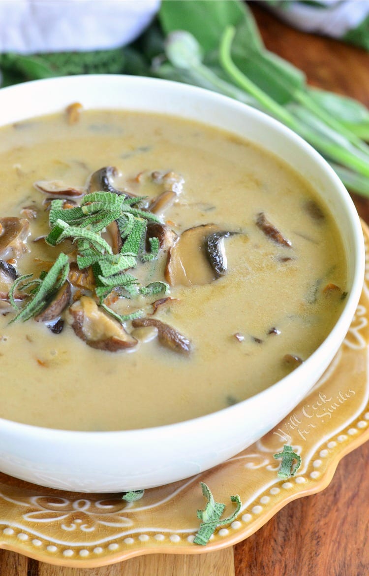 The BEST Mushroom Soup in a bowl on a yellow plate