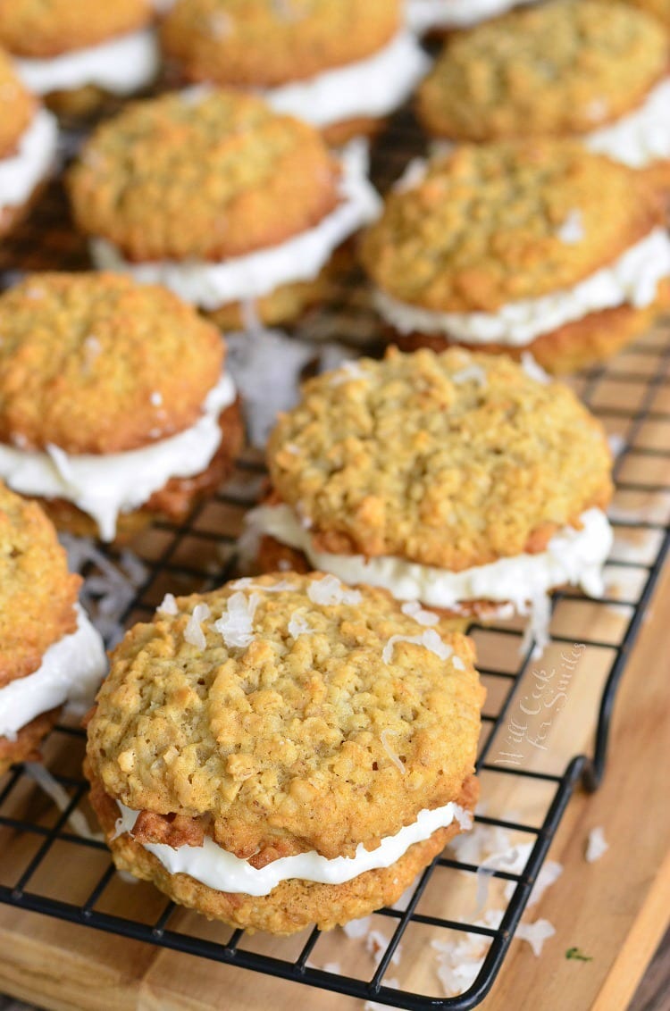 Coconut Oatmeal Cookie Sandwiches on a cooling rack