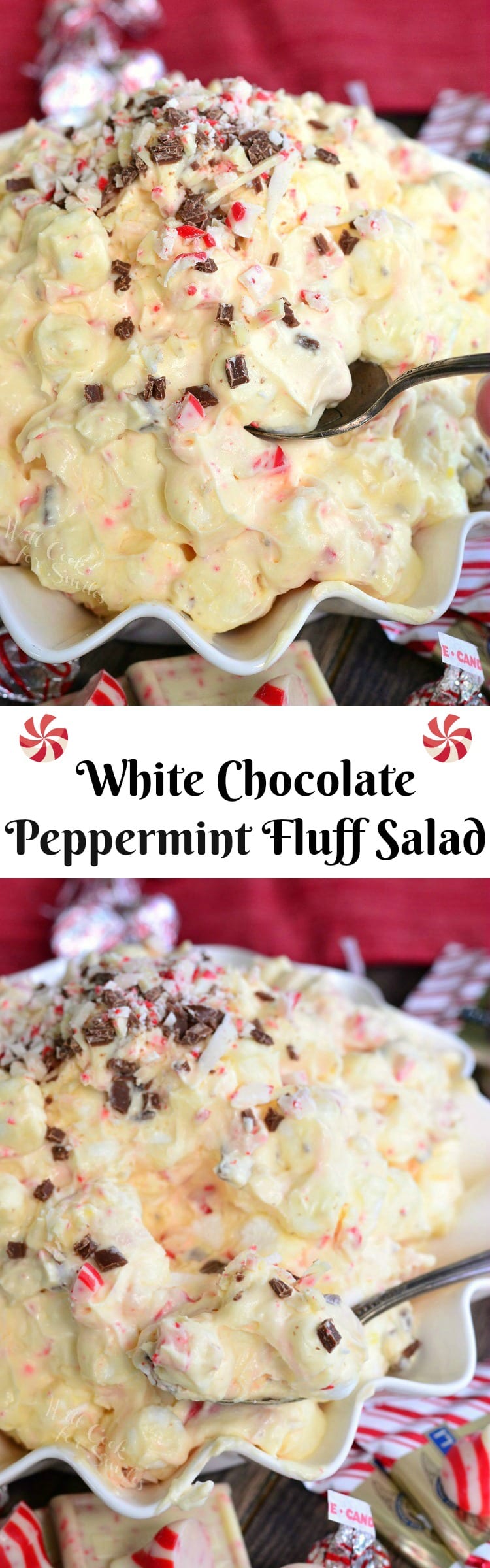 White Chocolate Peppermint Fluff Salad with a spoon in a white bowl collage