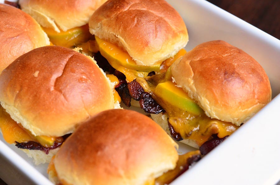 Apple Bacon Cheddar Baked Sliders in a baking dish