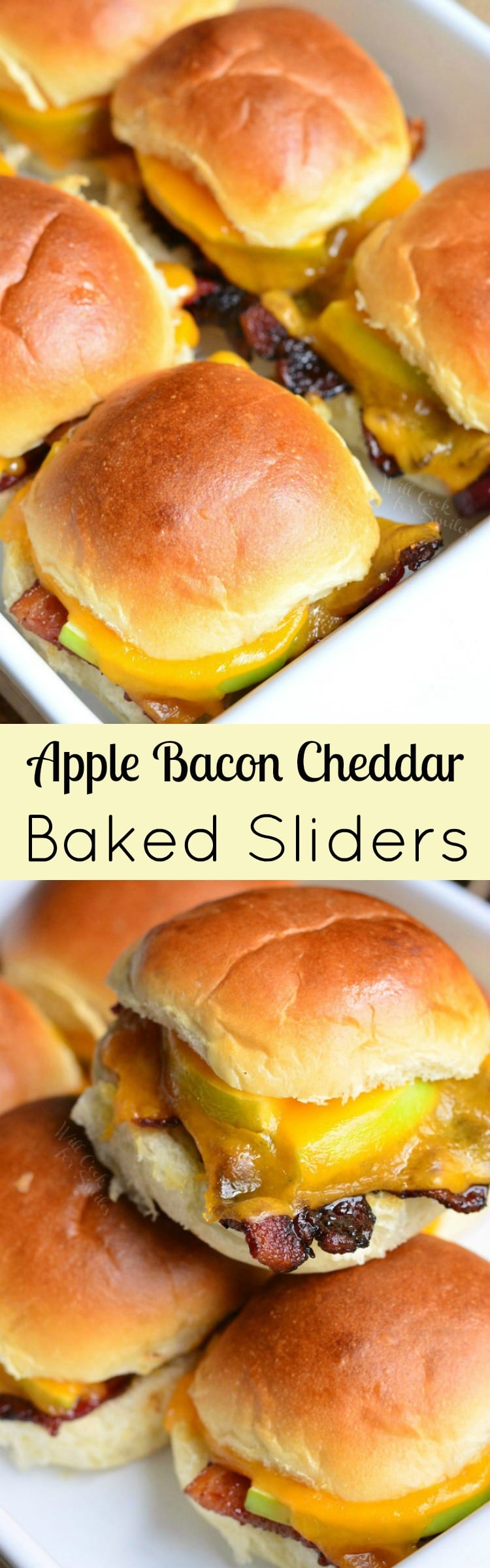 collage of top view Apple Bacon Cheddar Baked Sliders bottom is sliders stacked on a baking dish
