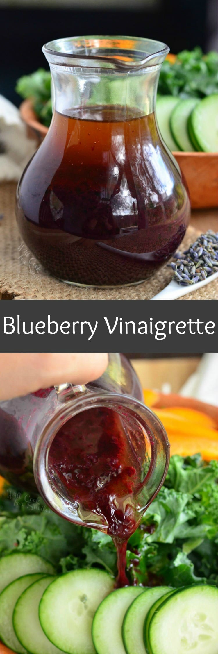 photo collage top photo is Blueberry Lavender Vinaigrette in a glass container on the right is some lavender on a white spoon in the backroom is a salad in a brown bowl bottom photo is blueberry vinaigrette being poured over salad of cucumber and lettuce