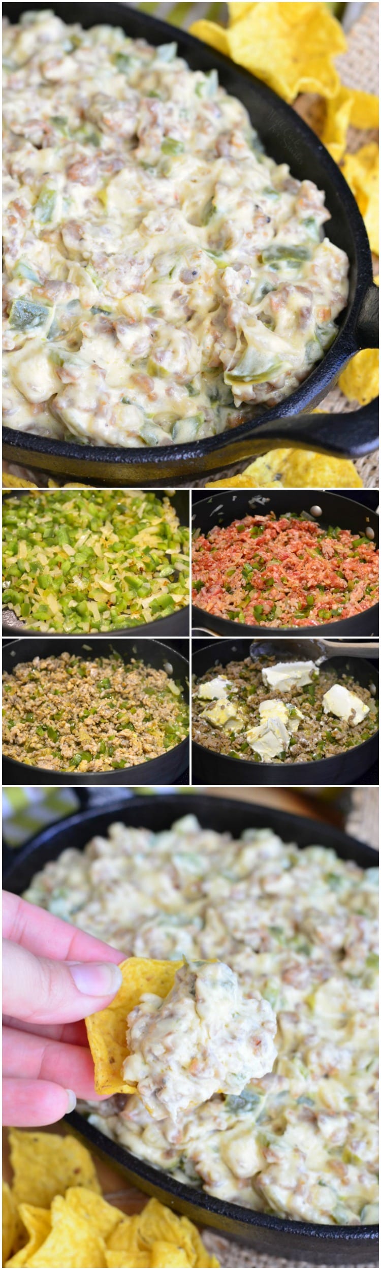 photo collage top photo Cheesy Sausage Peppers and Onions Dip in a iron skillet, middle photo collage of making the dip, bottom photo is dip in a cast iron skillet with a chip scooping some out