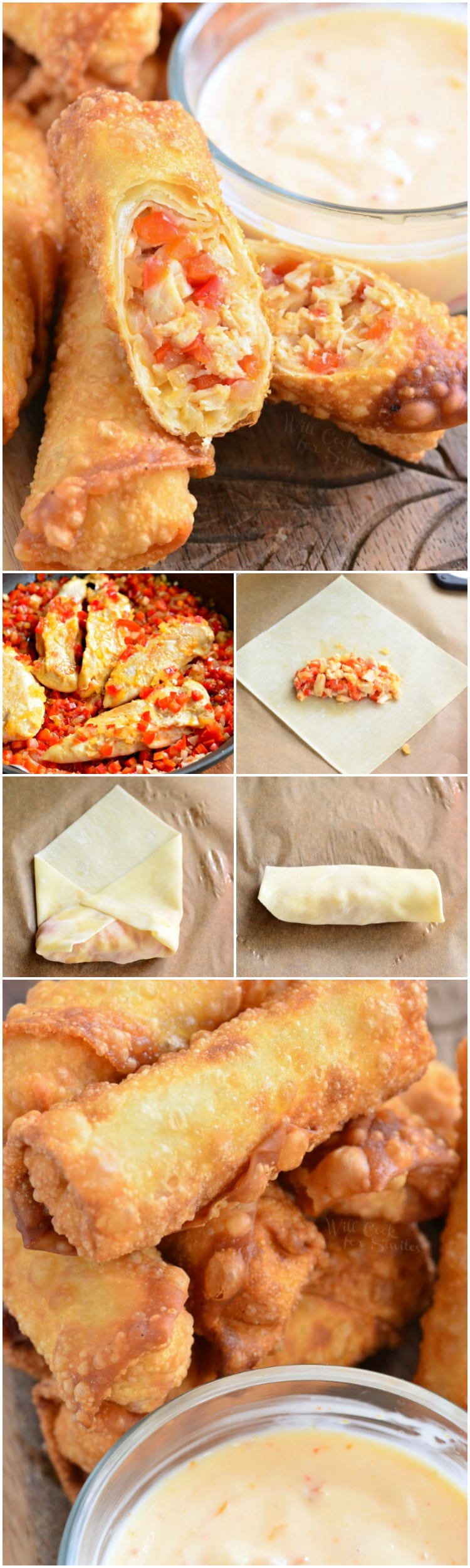 Sweet Chili Chicken Egg Rolls with Creamy Sweet Chili Sauce in a glass bowl on a cutting board