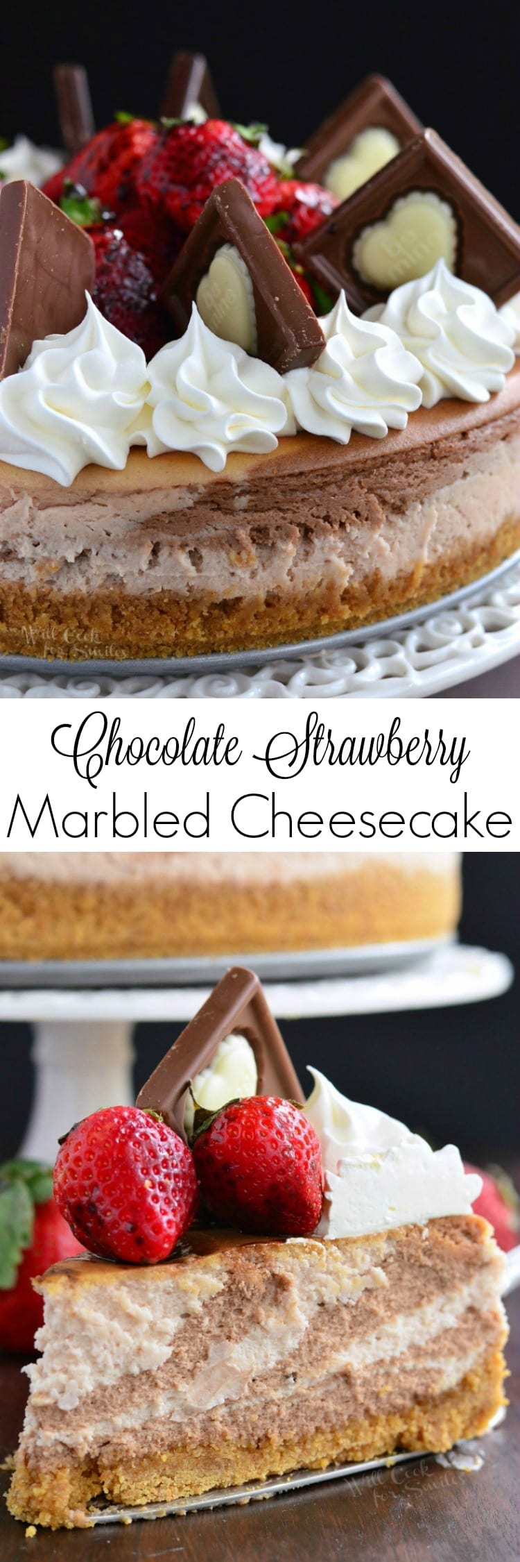 collage top photo Chocolate Strawberry Marbled Cheesecake bottom photo slice of chocolate strawberry marbled cheesecake on a table