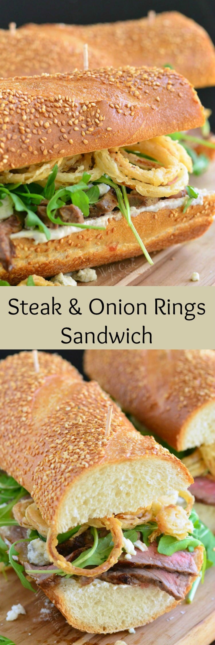 collage top photo is side few of steak sandwich with Onion Rings and Arugula bottom photo is front view of steak sandwich with Onion Rings and Arugula