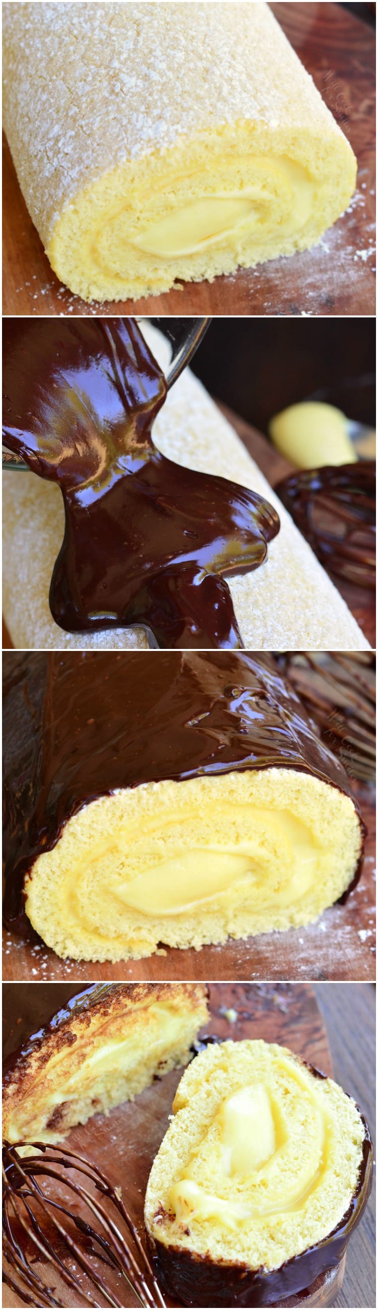 collage top photo Boston Cream Cake Roll 2nd photo with frosting being poured over it, 3rd photo cake roll on a cutting board, last photo is a slice of cake on a cutting board