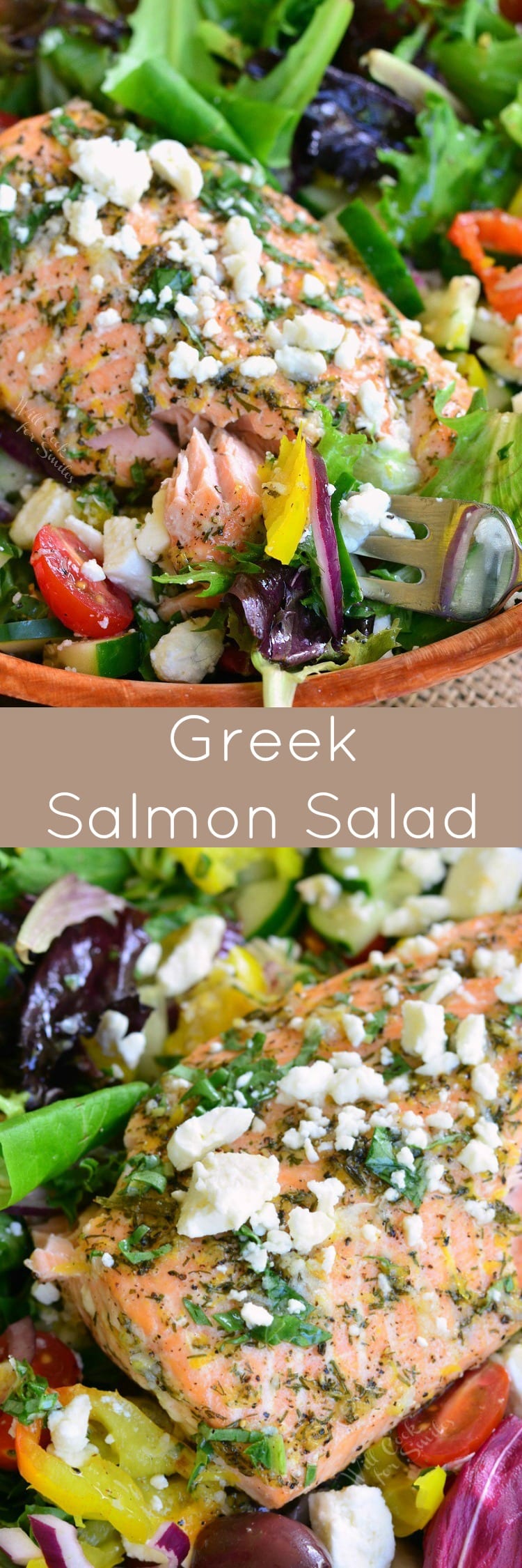 collage top photo Greek Salmon Salad in a wood bowl with a fork bottom top view of salmon salad