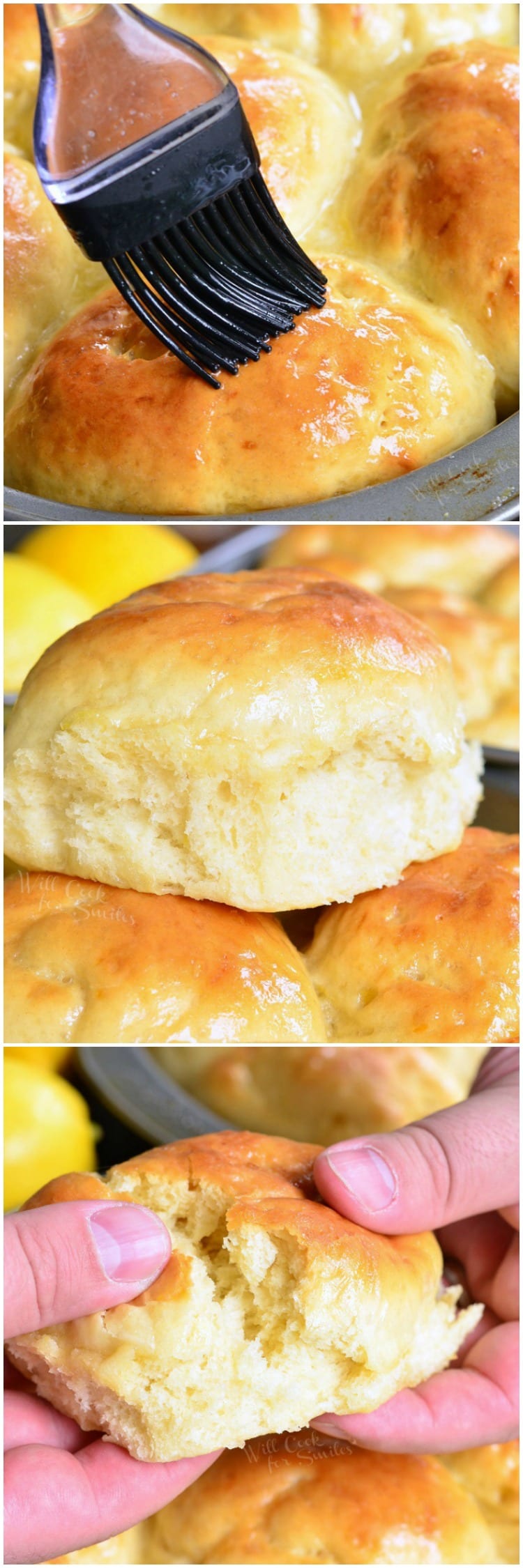 collage top photo brushing rolls with butter, middle photo is of rolls stacked in a baking dish, bottom photo is tearing roll in half